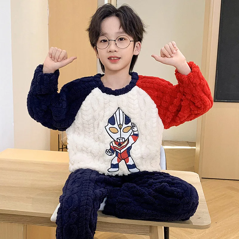 ONE PIECE Luffy autumn and winter coral fleece pullover children's pajamas boys cartoon thickened fleece thermal loungewear