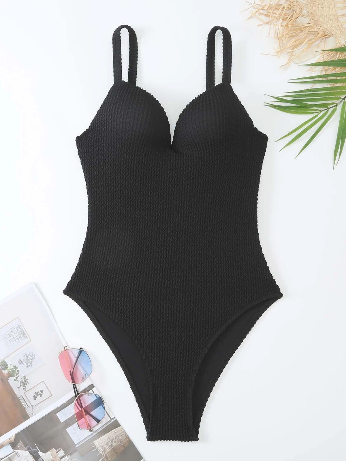 Solid Color One Piece Swimsuit Women Sexy V-neck Bikini Hard Cup Push Up Swimwear Suspender Backless Summer Monokini 2025 New