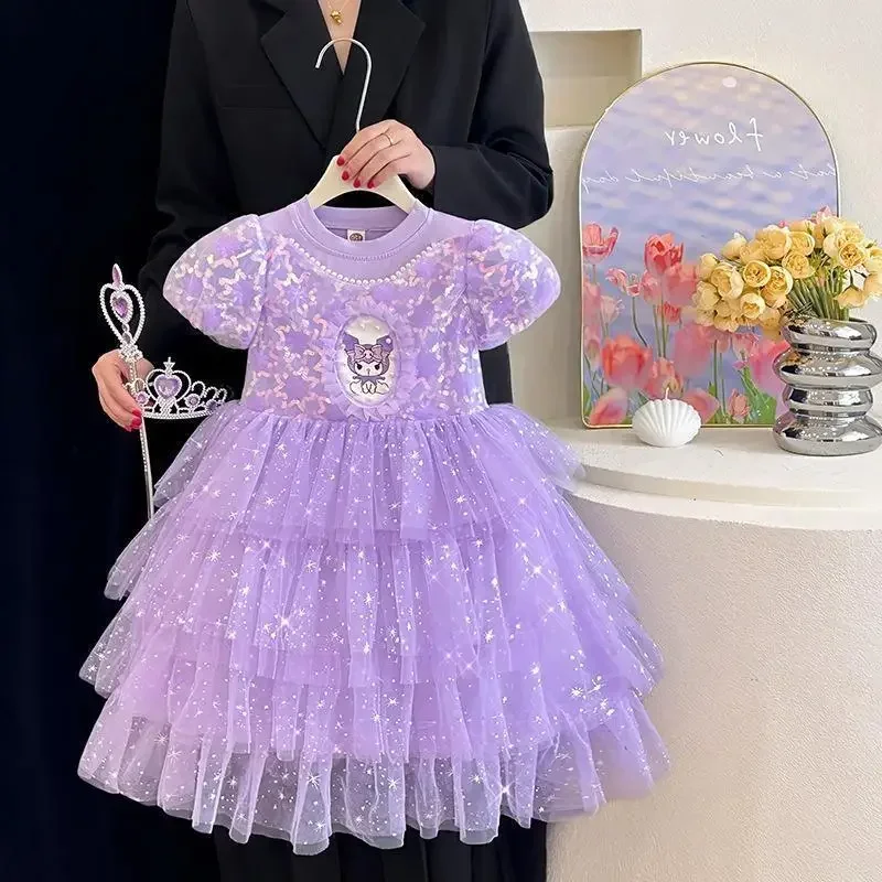 

Юбка принцессы Лолиты с рисунком аниме для девочек Kuromi, новая кавайная сетчатая пышная юбка с блестками и пышными рукавами, модная милая мягкая детская подарок