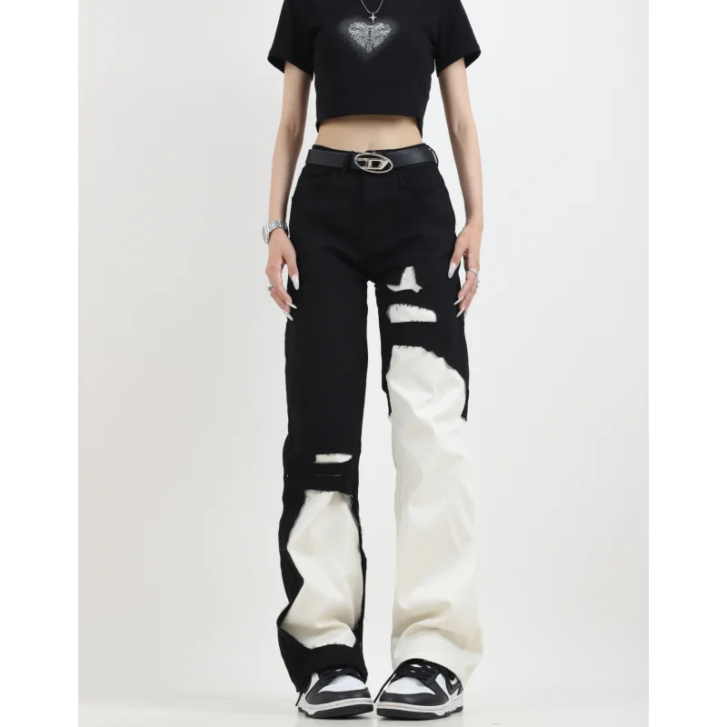 Black White High Waist Women Jeans Y2K American Vintage Fashion Streetwear Wide Leg Jean NEW Female Trouser Baggy Denim Pants