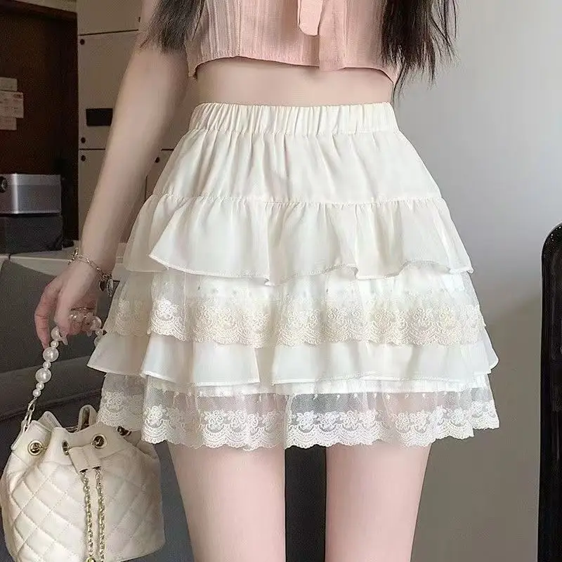 Kawaii Cute Bow White Mini Skirt Women Y2K Vintage Lace Ruffles Ball Gown Skirts Summer Lolita Korean Style Mesh A Line Faldas