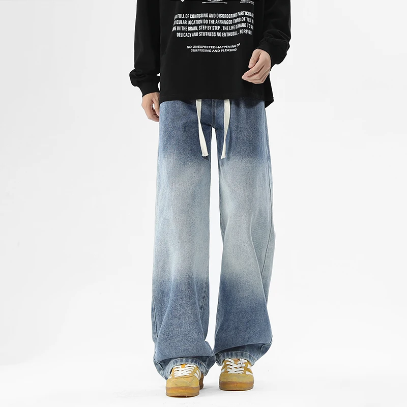 【Mirrordust】American Retro Washed Jeans Distressed Design Sense Casual Straight Trousers