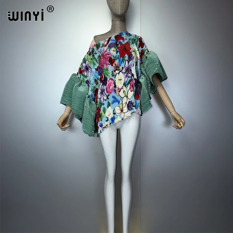 WINYI Women's Kawaii Africa Print Pleated Elastic Casual Top Summer Beach Cover-Up T-Shirt Evening Dress Fashionable Streetwear