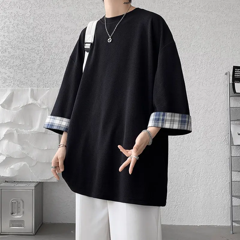 men t shirts Loose Summer Men's T-shirts Women Oversized Korean Style Plaid T-shirt Casual Seven sleeves T-Shirt Male White