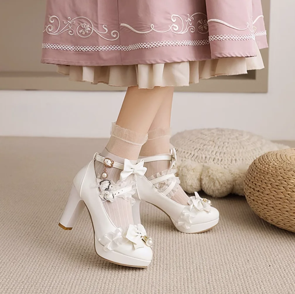 Lolita Student Girl's Shoes Mary Jane Butterfly Thick Sole High Height Increasing Wood Grain Heels Chunky Heels Pumps