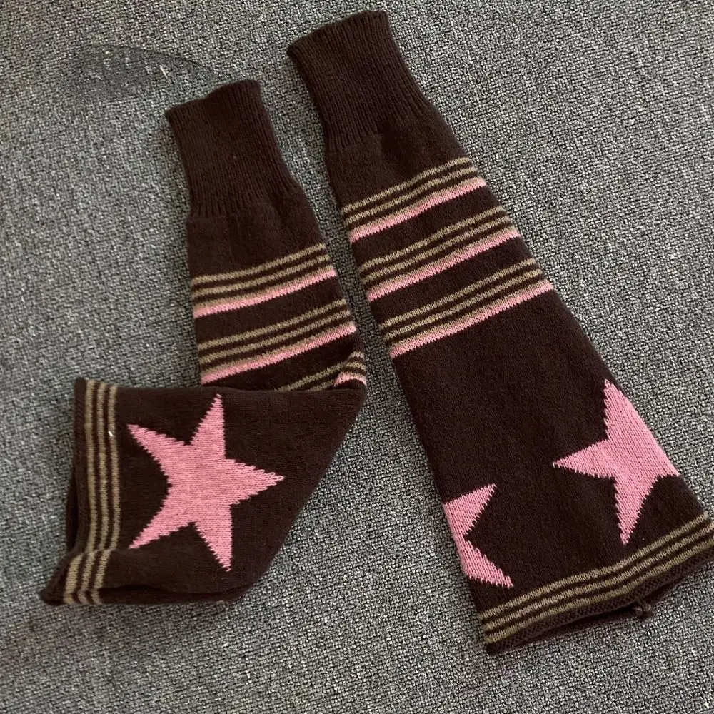 Harajuku Pink Brown Star Leg Warmers Knitted Keep Warm Gothic Y2K Stockings Japanese JK Leg Socks Hot Girl Accessories