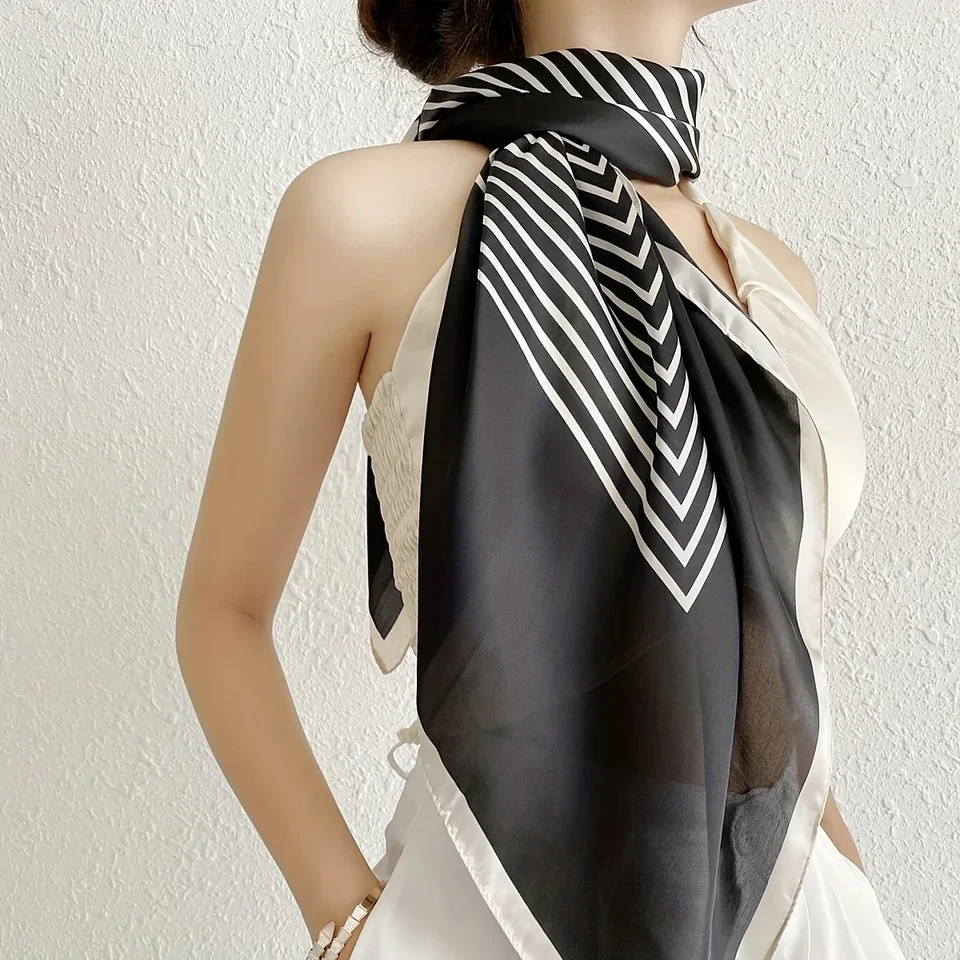 

35.43" Black/White Striped Square Scarf, Elegant Simulated Silk Thin Shawl, Casual Sunscreen Windproof Head Wrap For Women