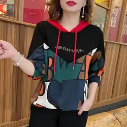 Pullover da donna con coulisse Patchwork con cappuccio manica lunga nuovo maglione autunno e inverno sciolto stampato diamanti lettera Casual top