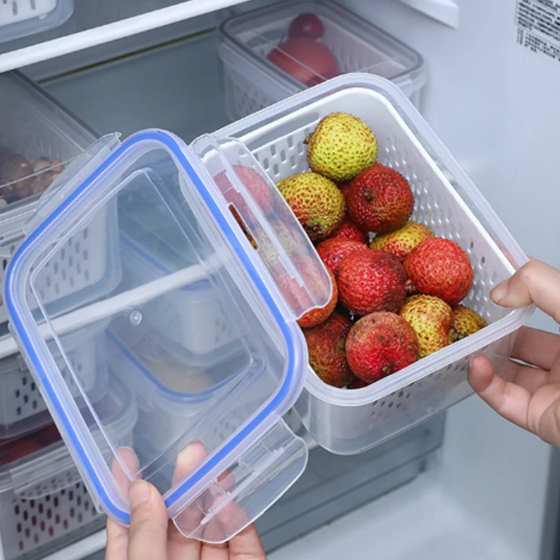 Kühlschrank-Aufbewahrungsbehälter-Set mit Deckeln und Sieb, Plastik-Frischhaltebox für Gemüse, Obst und Fleisch