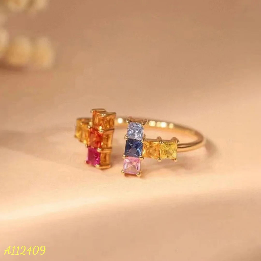 

Fine Jewelry Natural Colorful Sapphire Women's Ring 925 Pure Silver 18K Gold T-shaped Rainbow Girl's party birthday gift