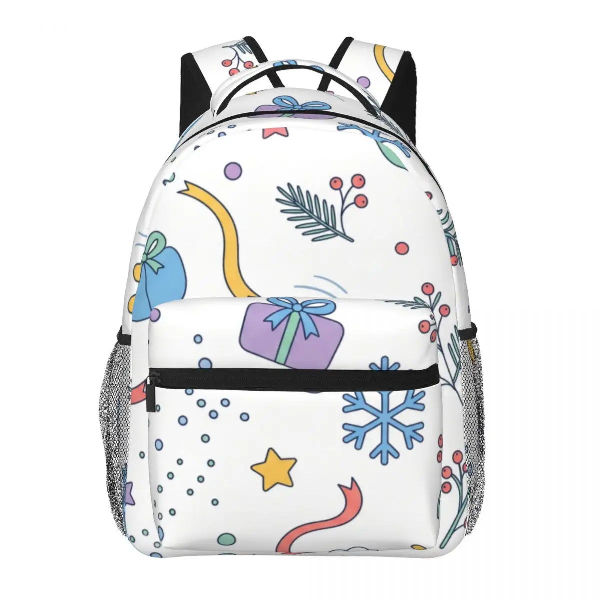 Winter Holiday Print Backpack Tossed Snowflake Pine Gift Box Star Preppy School Colorful White Cool Bookbag for Girls Boys Teens