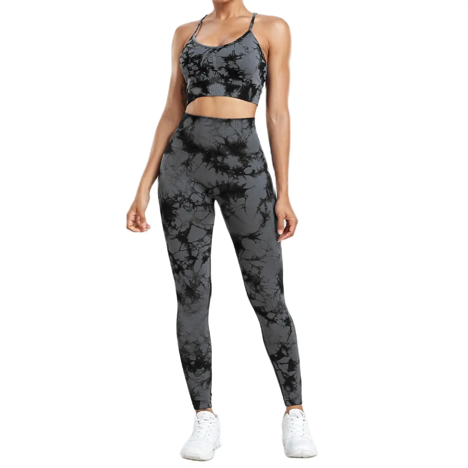 CHRLEISURE Women Tie Dye Yoga Set Seamless Fitness Suit Workout Legging with Running Bra Activewear Female Elastic Gym Wear