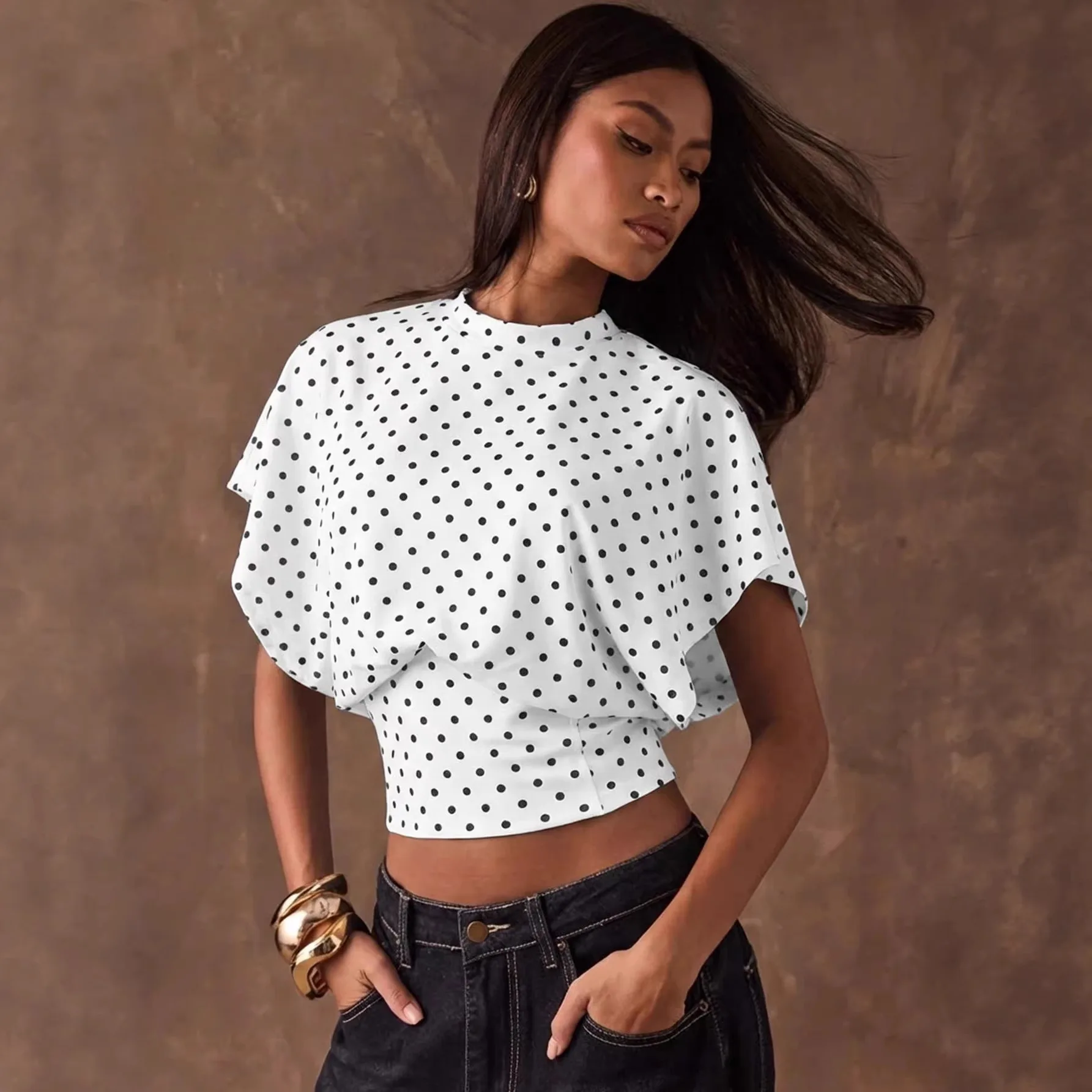 

Polka Dot Bat Sleeve Waist Short Top Open Navel 2026 New Spring