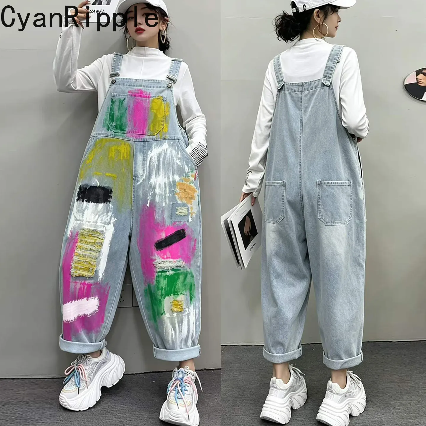 Fashionable Spring Autumn Painted Denim Overalls Ankle-length Wide Leg Jeans Sleeveless Hole Loose Women Casual Denim Jumpsuits