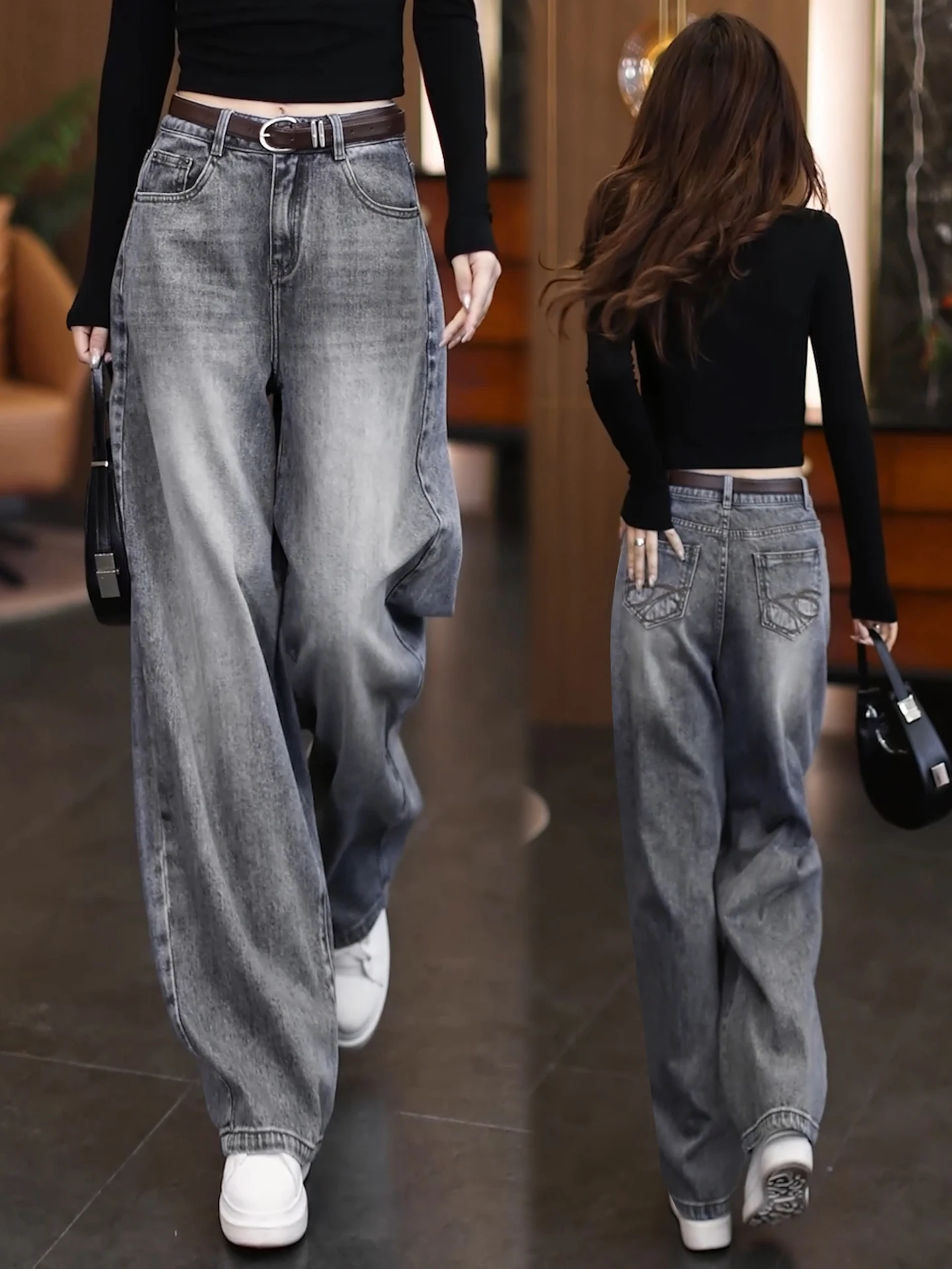 

Джинсы женские с высокой талией, широкими штанинами и вышивкой, весна-осень 2026, новый популярный стиль, прямые брюки-бананы, облегающие