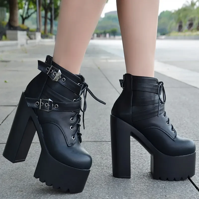 Women Black White Ankle Boots 14.5cm Super High Heels Square Heels Boots Zip Rivet Insole Sexy Women Boots SIZE34-39