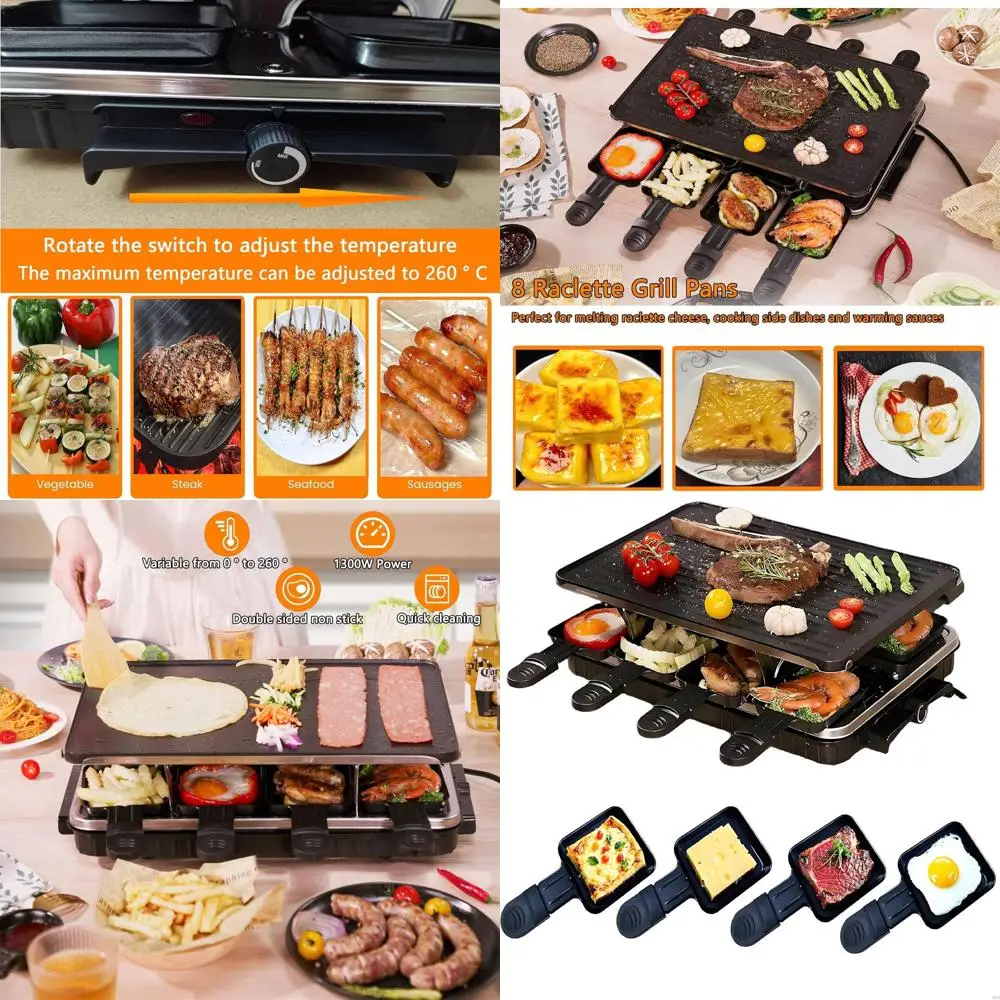 

Portable Indoor Electric BBQ Grill with Raclette & Cheese Pans, 1300W, Nonstick, Dishwasher Safe, Ideal for Parties