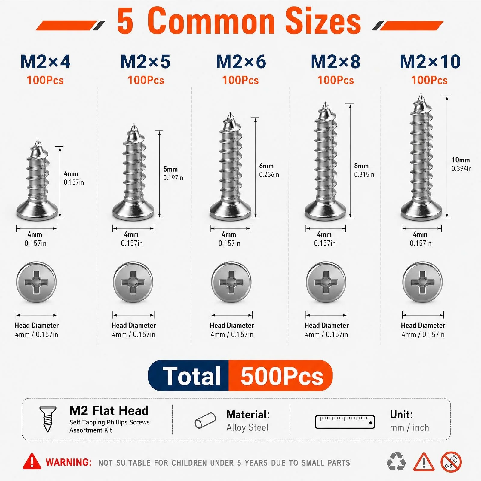 500pcs M2 Self-Tapping Phillips Screw Assortment Kit, Screw Assortment Kit, Self-Tapping Phillips Screw Set, Assorted Size Screw