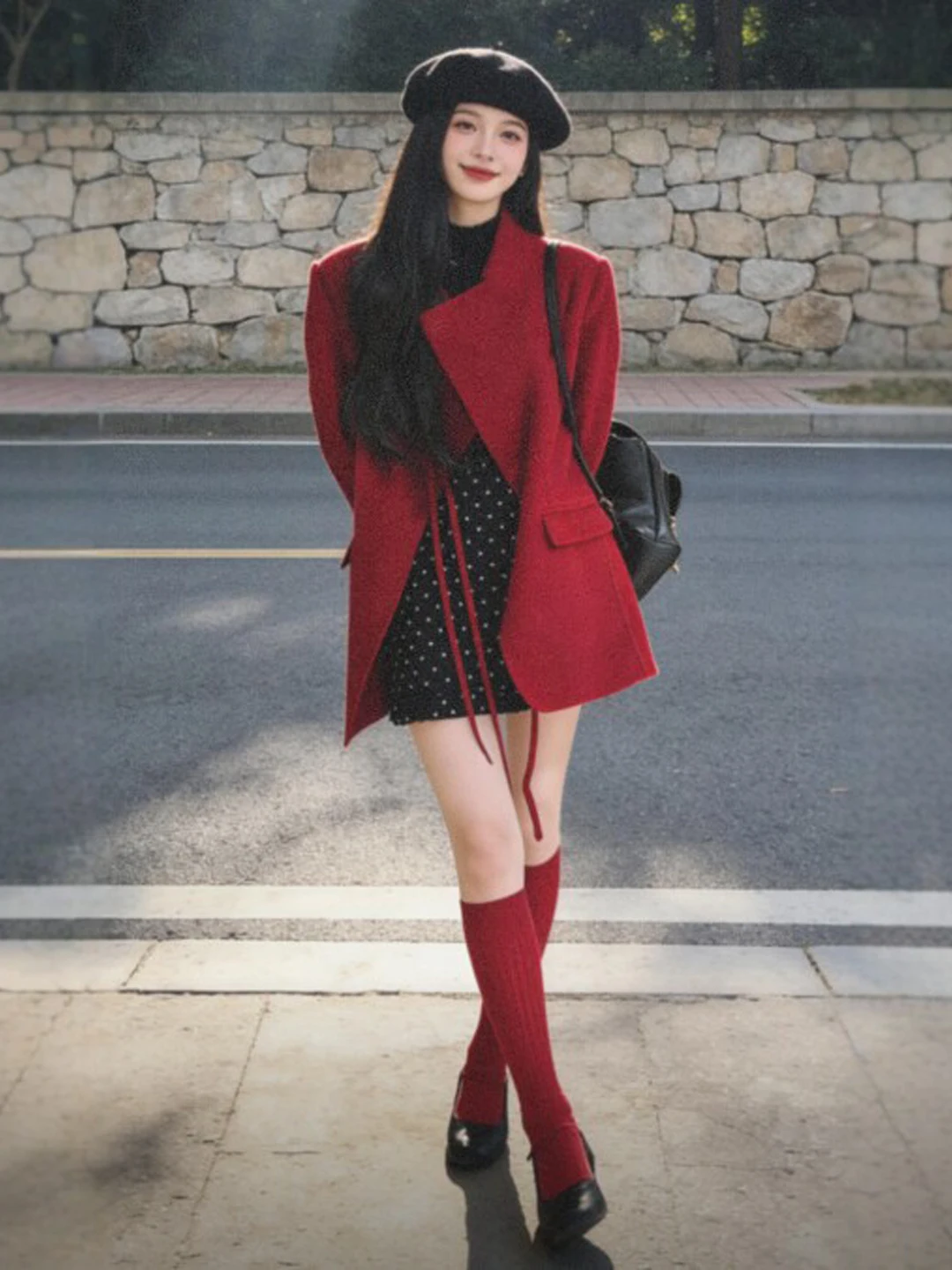 

Korean Sle Red Woolen ort Coat Faionable Vintage Loose Winter Outerwear for Women Warm Casual Travel ential