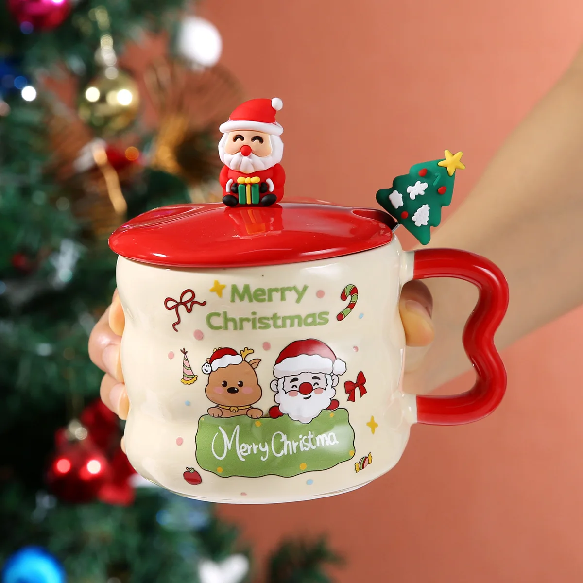 Keramische Kerstmok met Cartoon Paar Motief, met Deksel, Grote Capaciteit, Feestdagcadeau met Souvenir Koffiemok