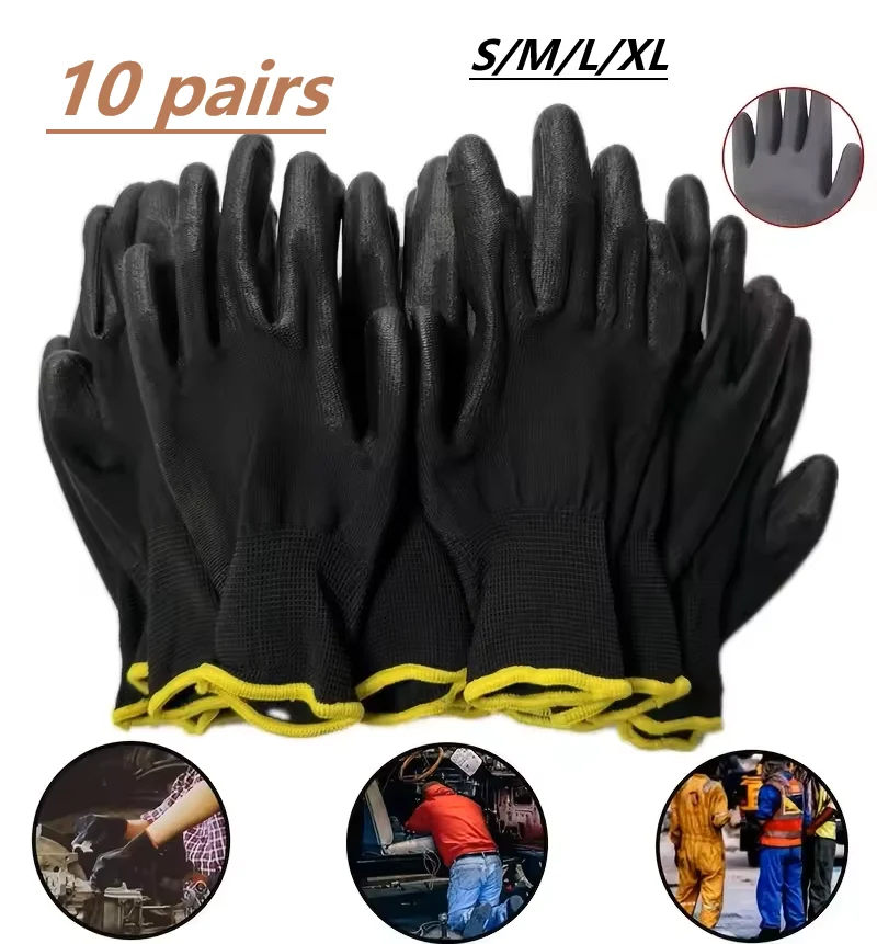 10 أزواج من قفازات السلامة المتينة باللون الأسود والأحمر - مضادة للانزلاق، ومقاومة للاهتراء، وحماية ESD للبستنة والأعمال الخشبية