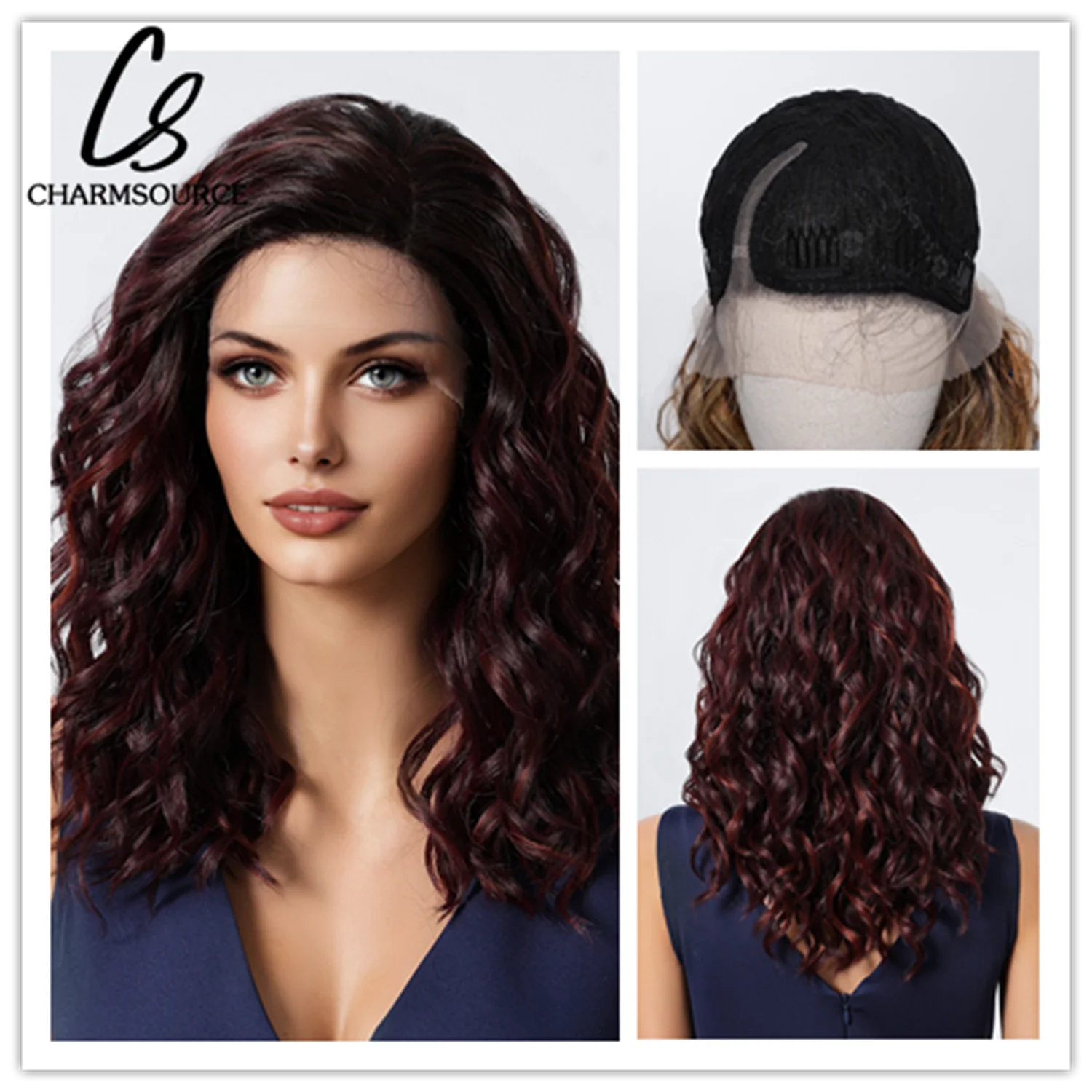 CharmSource Medium Length Lace Synthetic Wigs Wavy Red Brown Highlight Wig for Black White Women Natural High Density  18inch