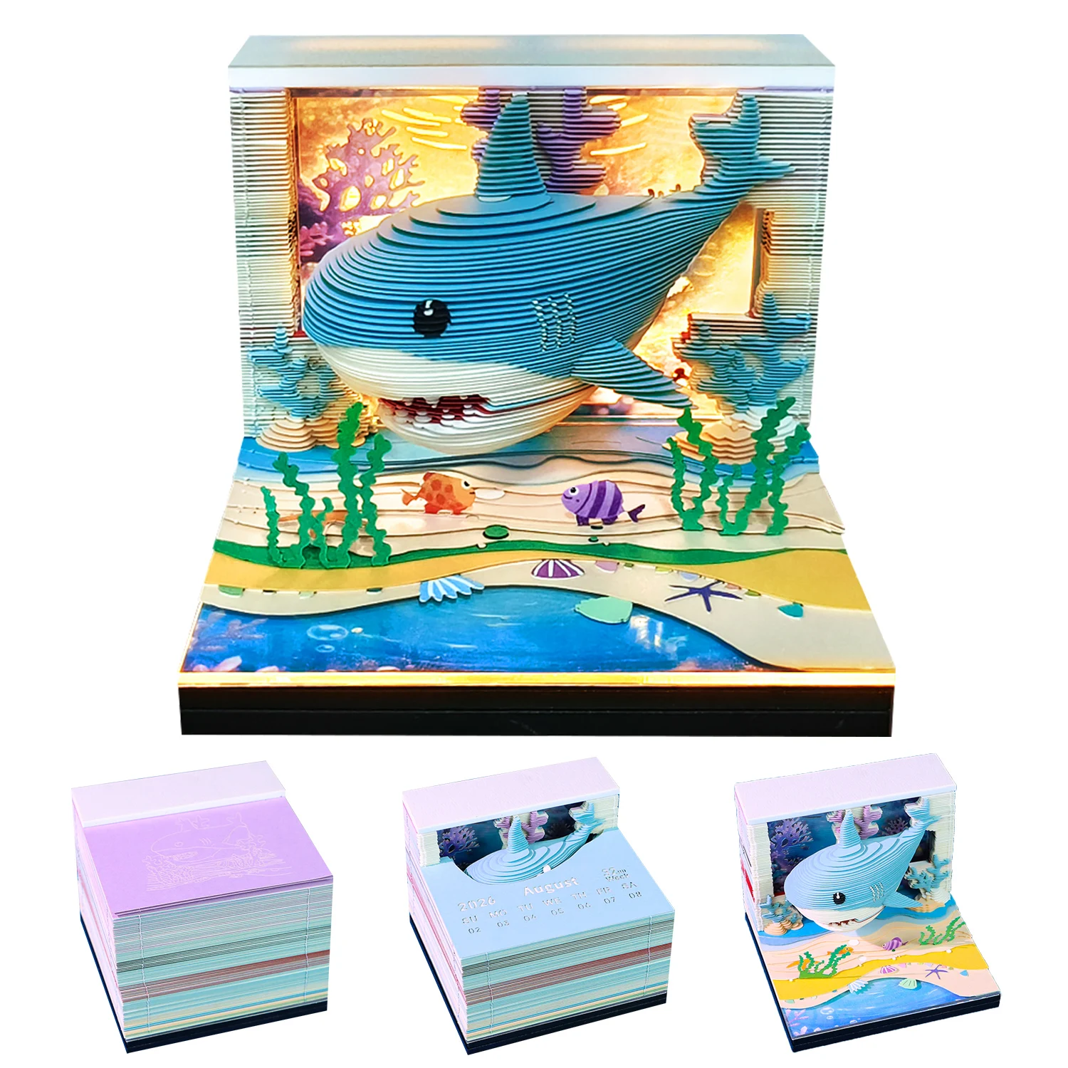 Lighted LED Cute 3D Shark - 238 Pages Tear-off Paper Craft Calendar Notebook for Home Office Desk Stationery Decor & Collection