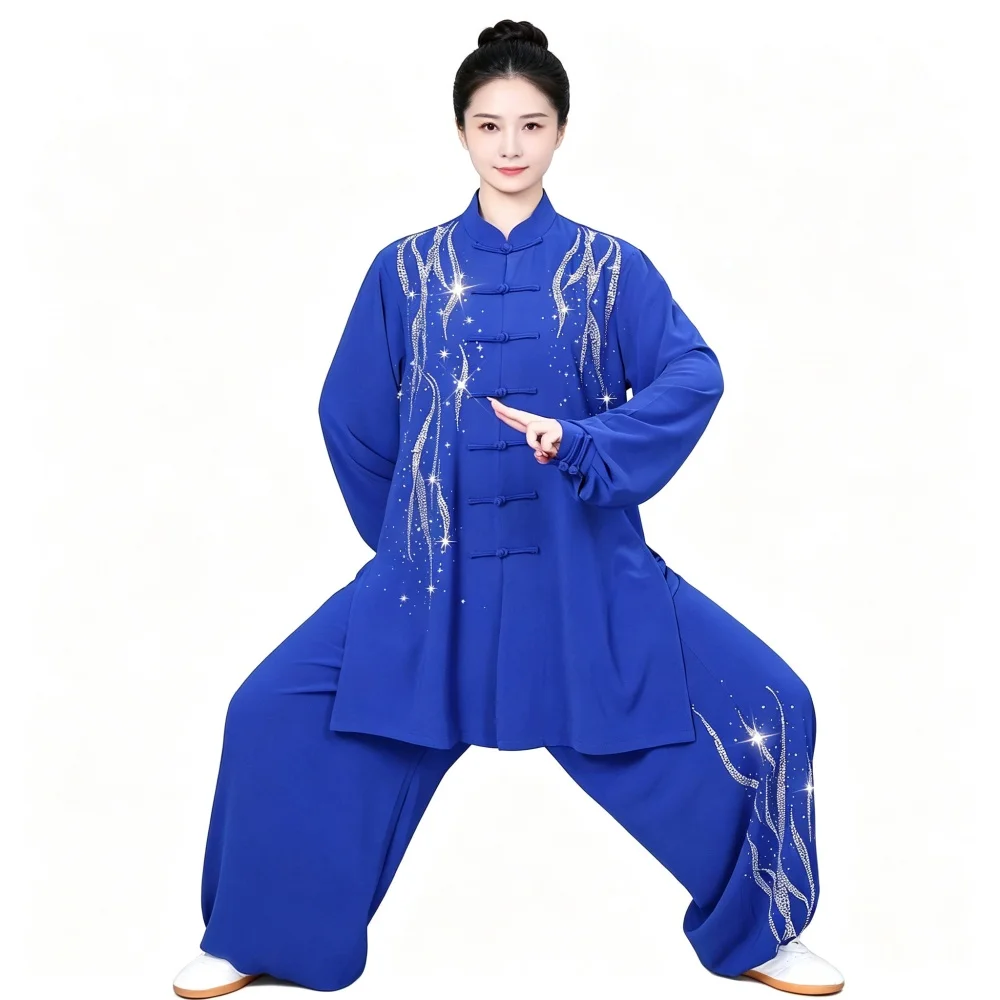 Tai Chi Suit for Women Stand Collar Frog Button Loose Wide Leg Pants Martial Arts Competition Costume