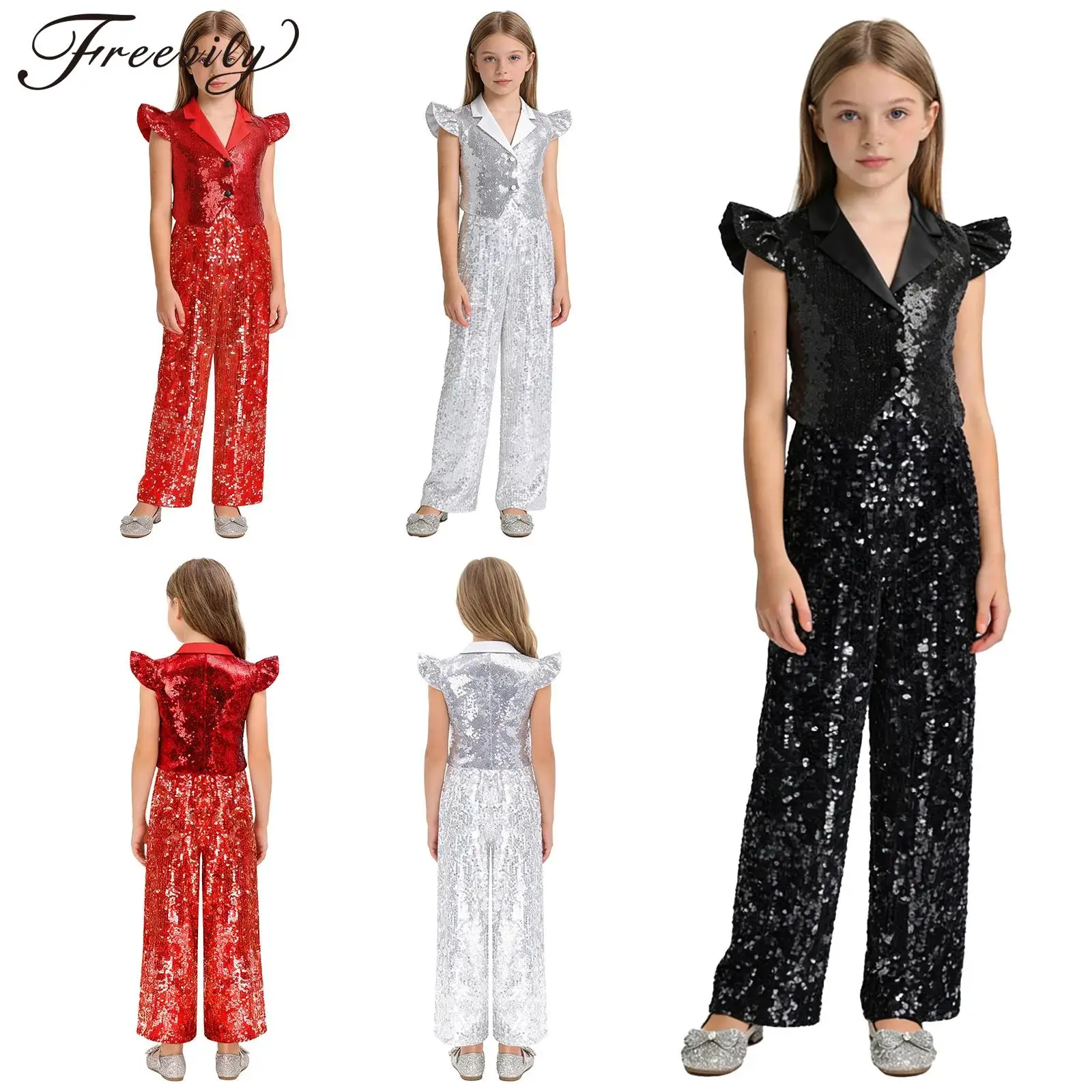Kids Girls Glittery Sequin Disco Dance Outfit Fly Sleeve Notched Lapel Button-down Crop Tops Vest And Wide Leg Pants Set