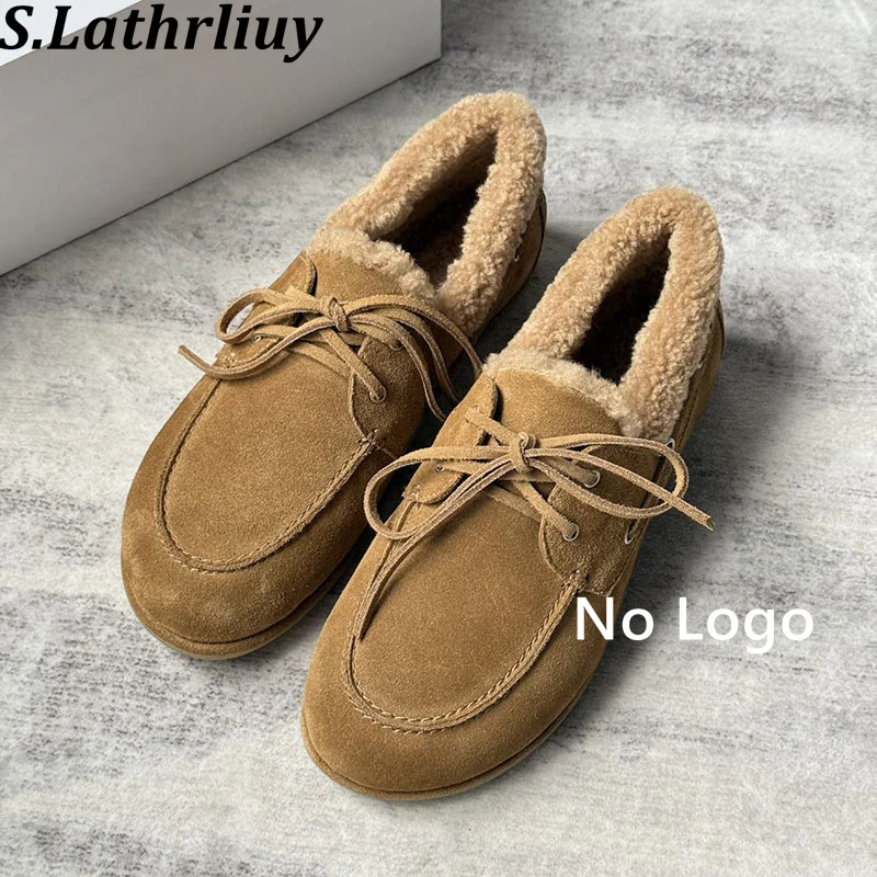 Women's Lace Up Casual Flat Shoes Retro Round Toe Warm Loafers Winter Real Wool Lining Outdoor Versatile Single Shoes Bean shoes