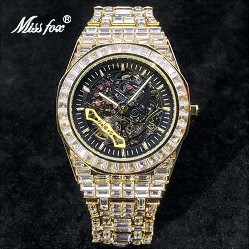 Mechanical Mens Watches MISSFOX Brand Luxury Iced Out Stainless Steel Automatic Luminous Watch For Men Jewelry Relógio masculino