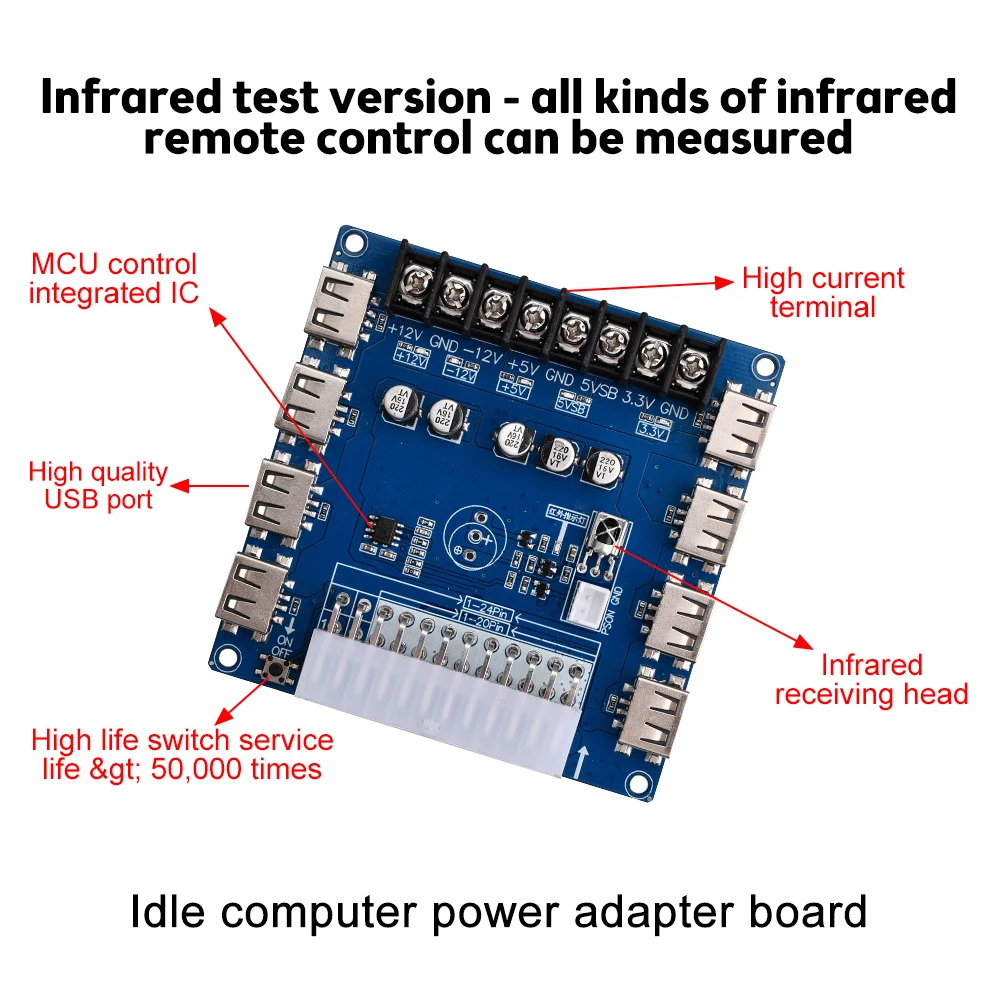 ATX Power Adapter Board com ou sem Case, 5V, 2A, 8 USB Charging Desktop, Função de Detecção Infravermelha, 20 Pin, 24 Pin