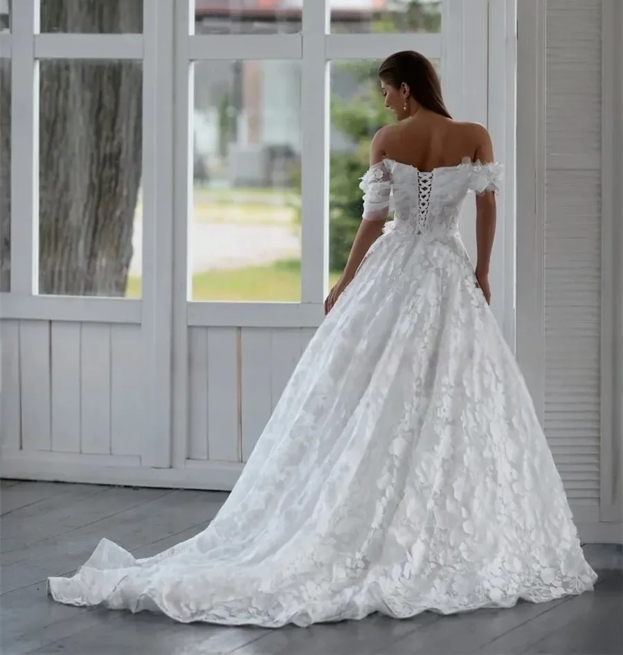 로맨틱 오프 숄더 꽃 레이스 웨딩 드레스 봄 정원 a 라인 코트 트레인 화이트 신부 가운 뒤 레이스 업 맞춤형