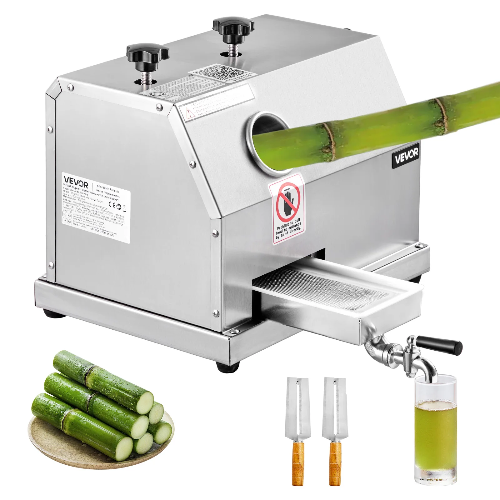 110LBS/H Commercial Sugar Cane Juicer Machine 2.4 Inch Large Inlet with 3 Stainless Steel Rollers High Output Sugarcane Juice