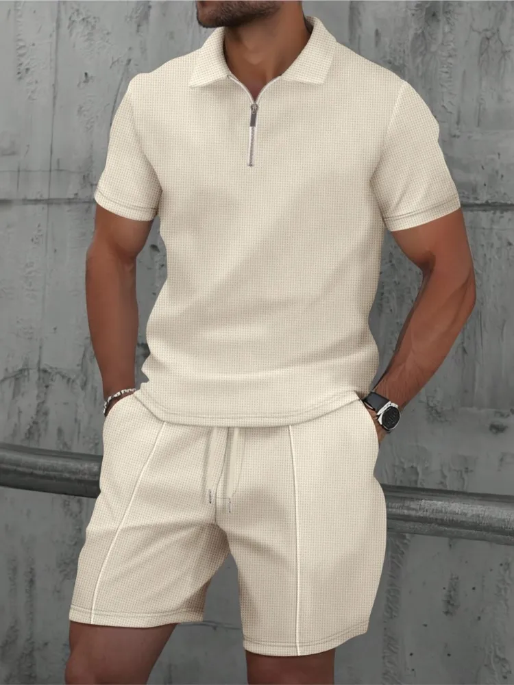 2026 Summer Men's Sports Set Casual T-Shirt + Shorts Set Waffle Solid Color Short-sleeve Shorts Two Sets Tracksuit Loose Suits