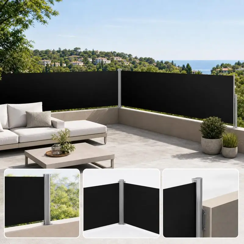 Écran d'intimité rétractable discret 117 x 1200 cm, revêtement polyester avec traitement PU, système d'enroulement automatique, largeur réglable, décoration élégante pour terrasse, balcon, jardin