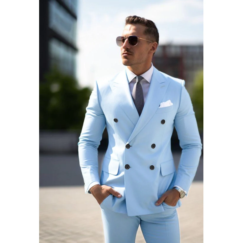 

Fashion Peak Lapel Suits for Men Sky Blue Elegant Business Casual Office Outfits Chic Double Breasted Wedding Tuxedo Two Piece