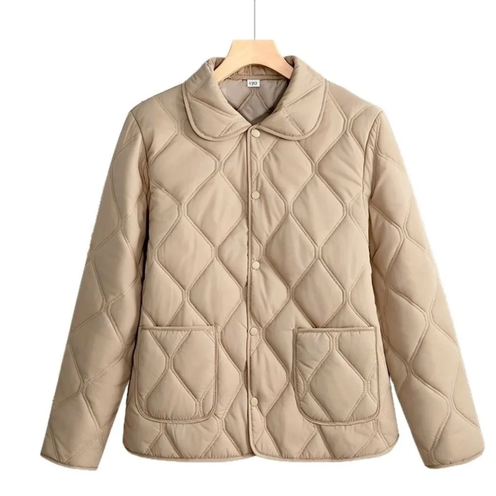 Rhomb Pattern Short Cotton Coat Warm Lining Big Pocket Light Jacket Loose Fit Turn-down Collar Quilted Jacket For Office Lady