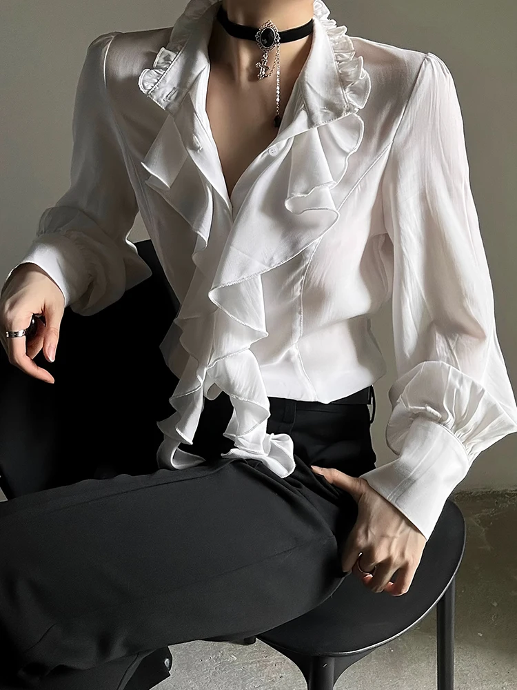 

Рубашка с длинными рукавами в стиле ретро, французский дизайн, приталенный крой, высококачественная модель с рюшами по краю, женская одежда