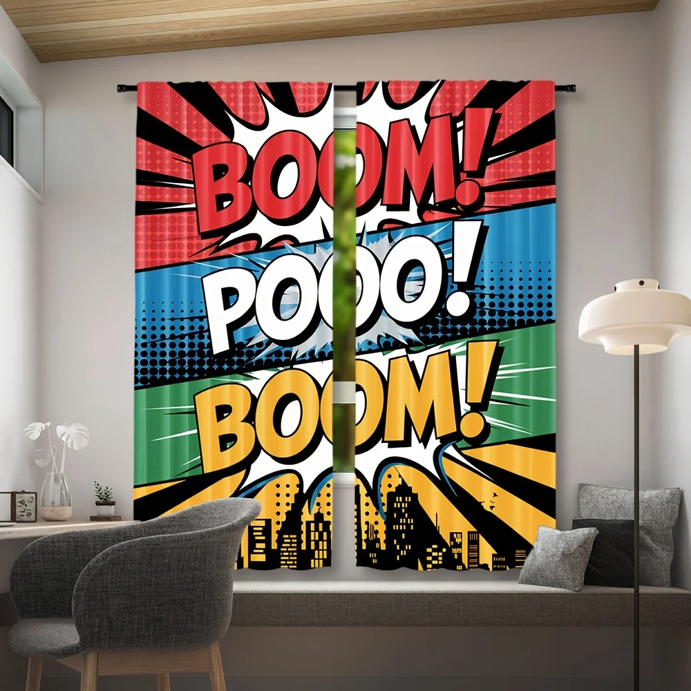 Retro Comic Rod Pocket Curtain Boom Pooo Sound Word Burst Strip City Skyline Pattern Trendy Teen Bedroom Living Room Decoration