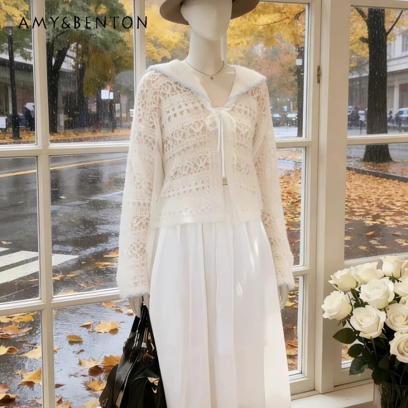 

White Hollow Out Knitted Women's Top 2026 New Sexy Doll Collar Lace-up Sunscreen Loose Versatile Age-reducing Cardigan Ladies