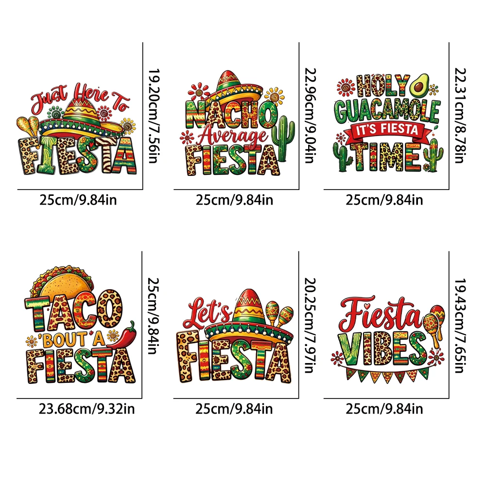 6Pcs Taco Fiesta HTV Iron-on for Tees, Waterproof Sweatproof UV-Resistant, Clean Peel No Odor No Lint Pickup