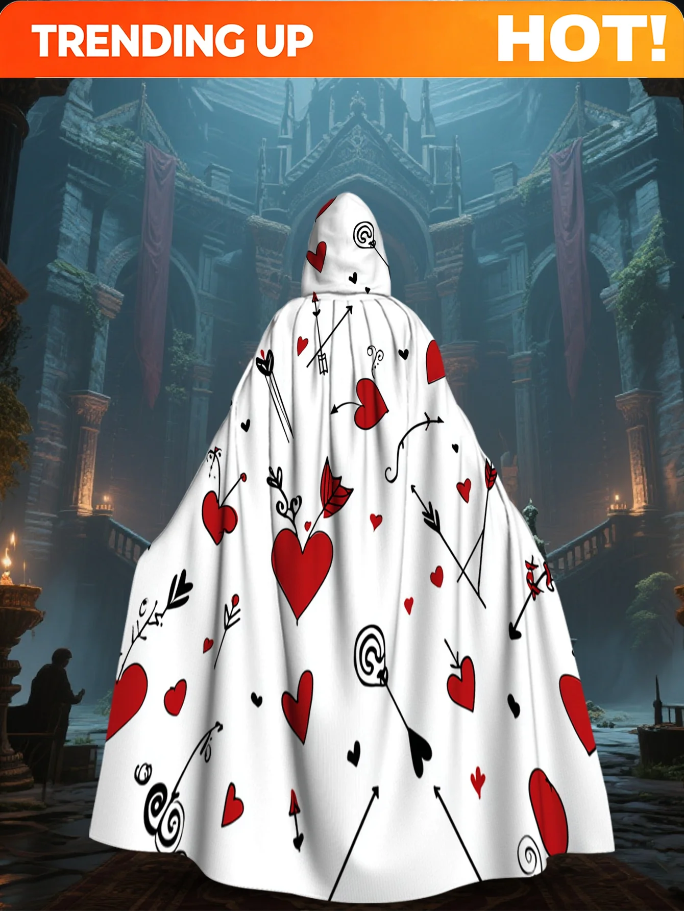 Customization [Cupid Hooded Cape] Cupid Outfit - 1pc Full-Body Print Cupid Bow & Heart Arrow Hooded Cape - 100% Polyester