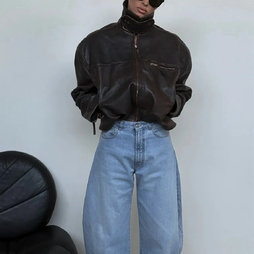 سترة نسائية شتوية من الجلد الطبيعي لعام 2025 مع سحاب، نمط دراجة نارية بسيط غير رسمي، ملابس خارجية، معطف Y2K جديد عالي الجودة