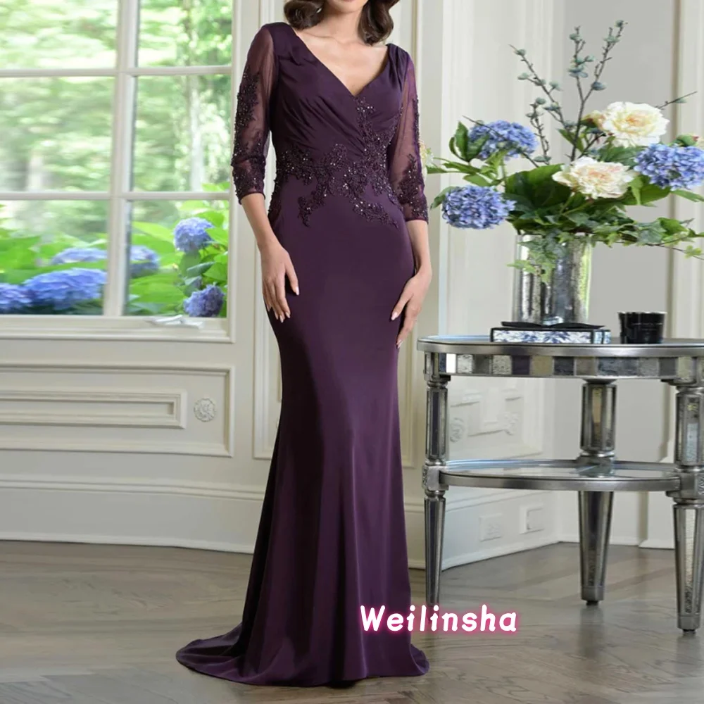 Elegant Mother of The Bride Dress Customized 3/4 Sleeves V Neck Sequined Applique Mermaid Wedding Guest Gown Evening Dresses