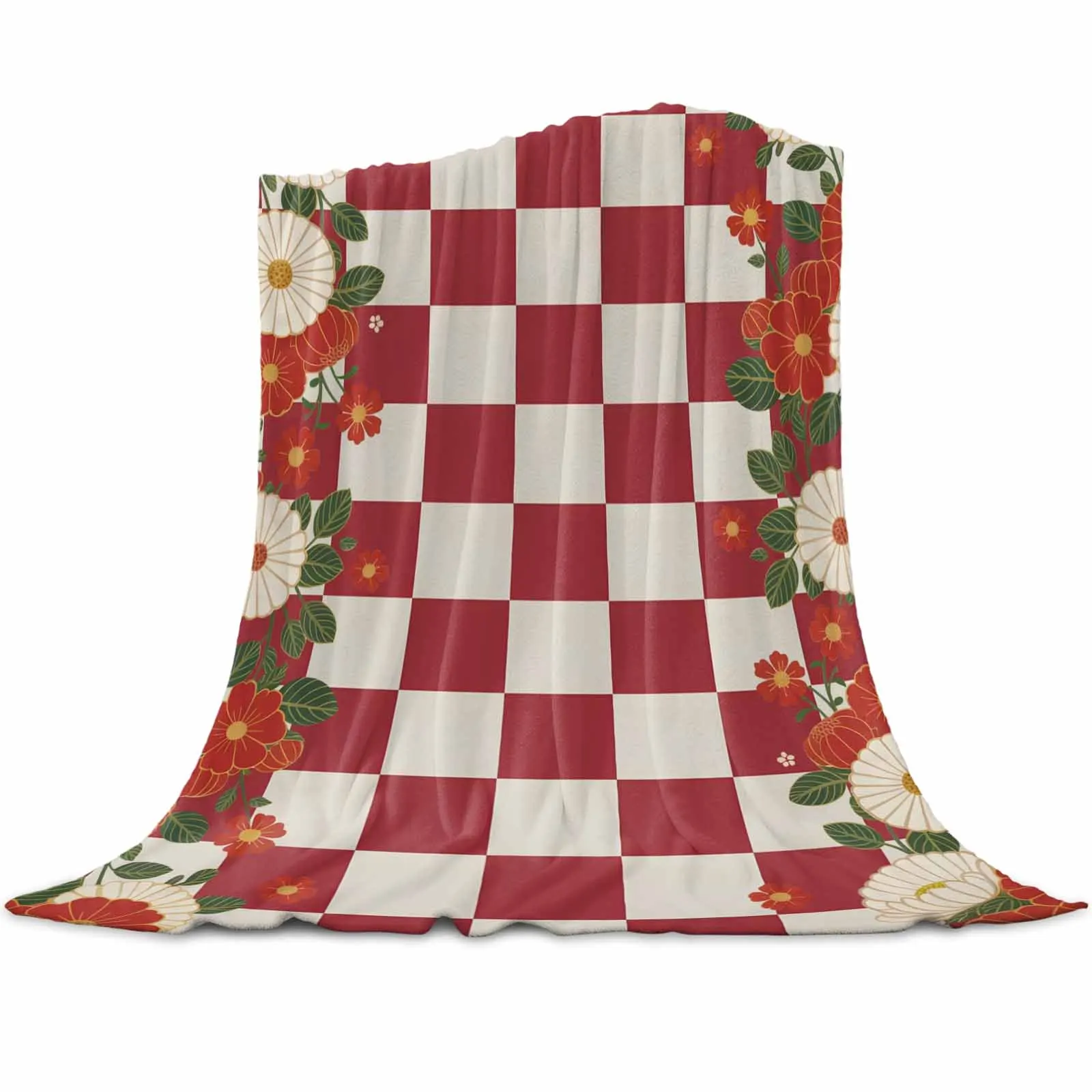 

Japanese Flowers Red Plaid Throws Blankets for Sofa Bed Winter Soft Plush Warm Family Friends Holiday Gifts