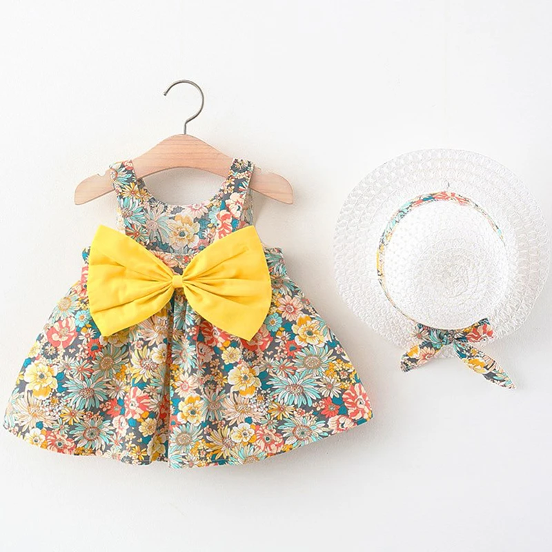 

2Piece Sets Summer Newborn Girls Clothes Korean Cute Flower Bow Sleeveless Cotton Dresses+Sunhat Kids Dress Baby Clothing BC007