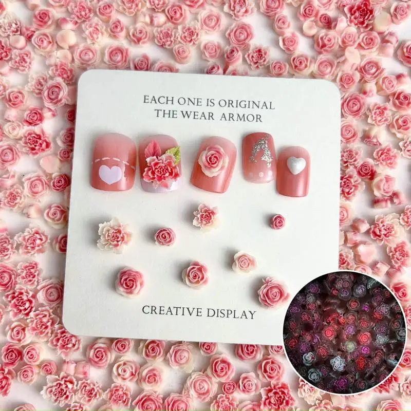 Random Mixed Double Colors Rose Nail Art Decorations Luminous Light Pink Peony Buds Sweet Style Flowers Nail Charms for DIY