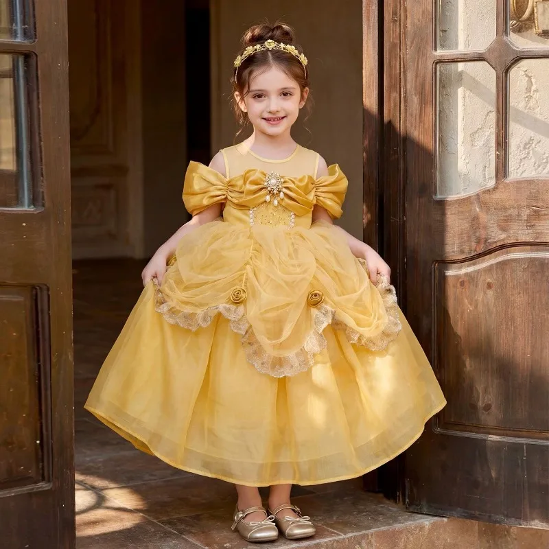 

Bubble Sleeve Bow Mesh Puff Formal Dress Children's Yellow Princess Birthday Dress Girls Summer Wedding Banquet Dress