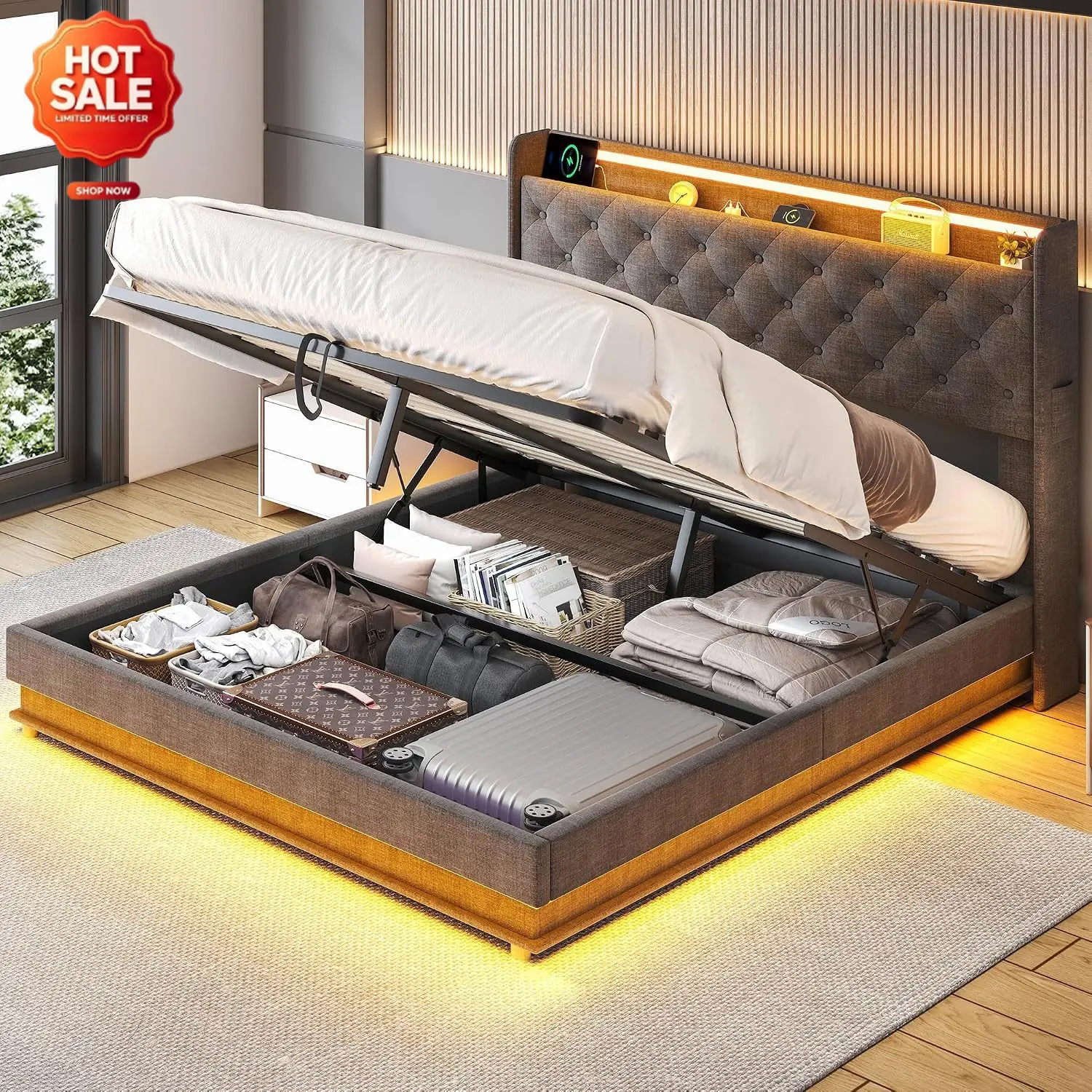 Lift Up Storage Queen Bed, Upholstered Platform Bed with Button Tufted Wingback Storage Headboard, Bed Frame Queen Size with Led
